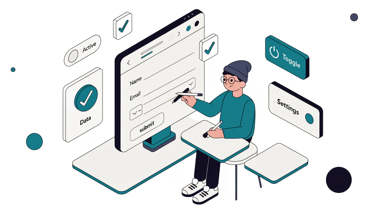 A person designing a form in Formfyl, surrounded by floating UI elements